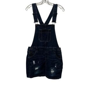 Wax Jean Denim Overall‎ Mini Dress Romper Skirt Womens M Blue Distressed Stretch